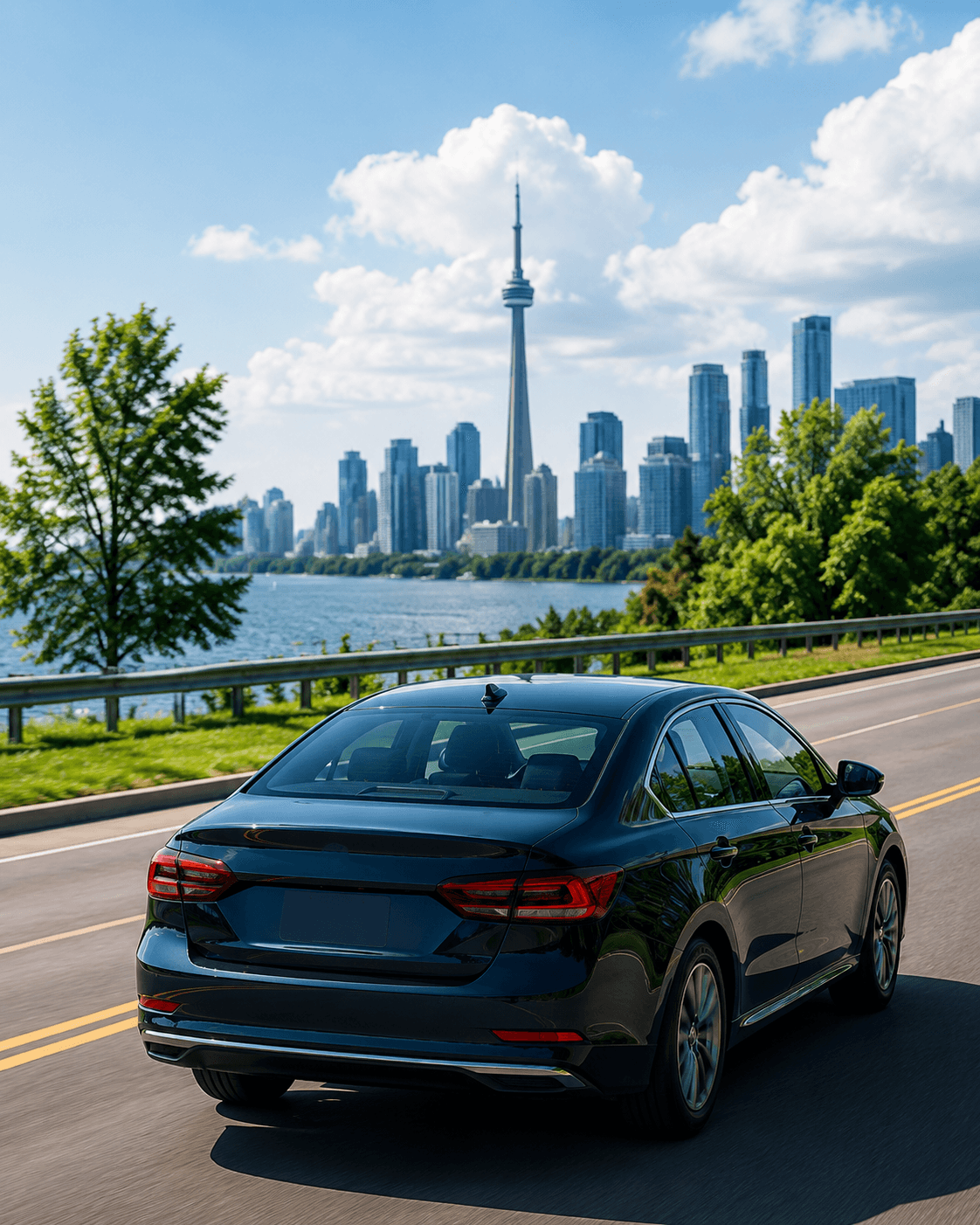 Driver on an Ontario highway approaching the Toronto skyline